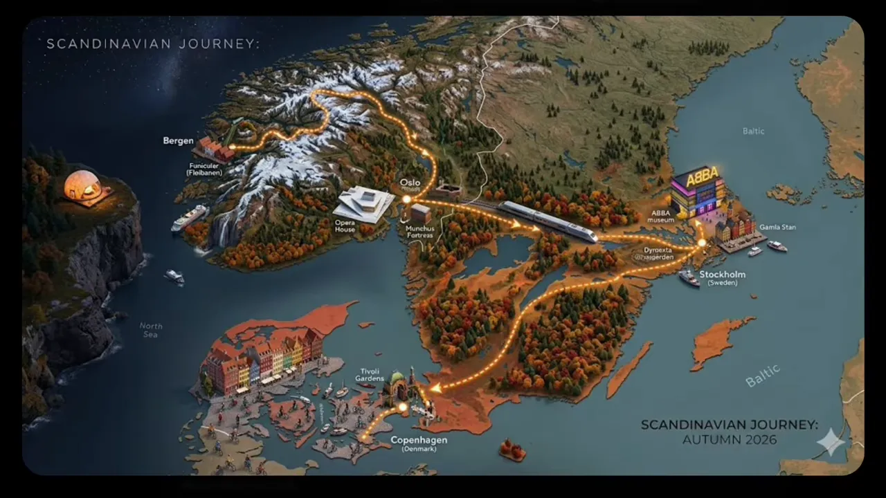 Isometrische, hochdetaillierte Karte Skandinaviens mit markierter Reiseroute von Kopenhagen &uuml;ber Stockholm nach Bergen