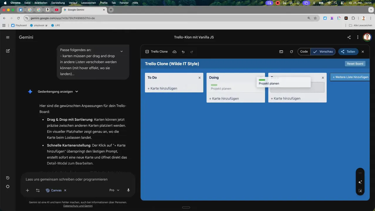 Screenshot eines Kanban-Boards in Gemini mit einer Karte im Drag‑and‑Drop-Vorgang in Richtung 'Done'