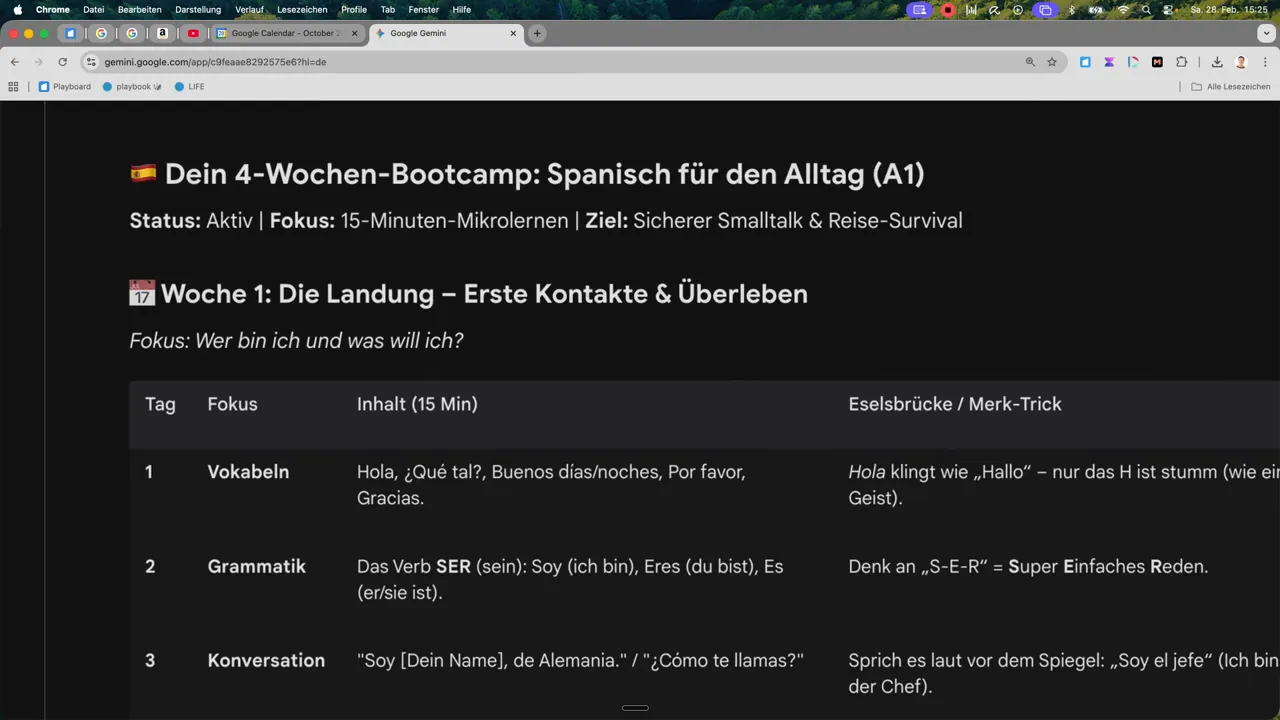 Screenshot des 4‑Wochen Spanisch‑Lernplans in Gemini mit dem Titel 