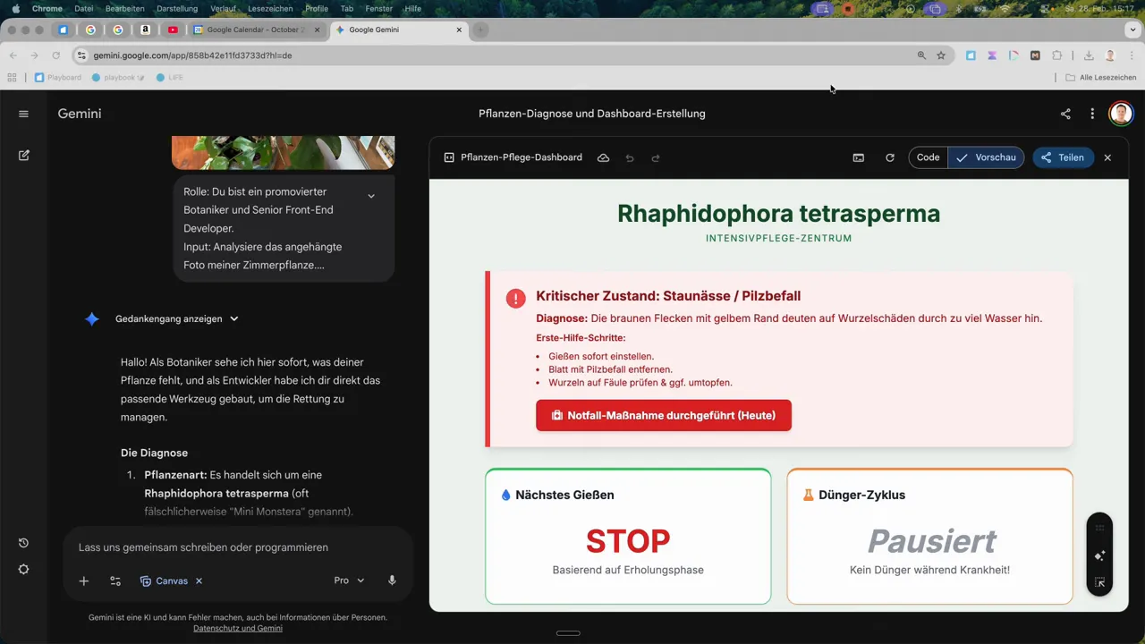 Gemini Pflanzen‑Diagnose Dashboard mit Hinweis auf Staun&auml;sse und Pilzbefall
