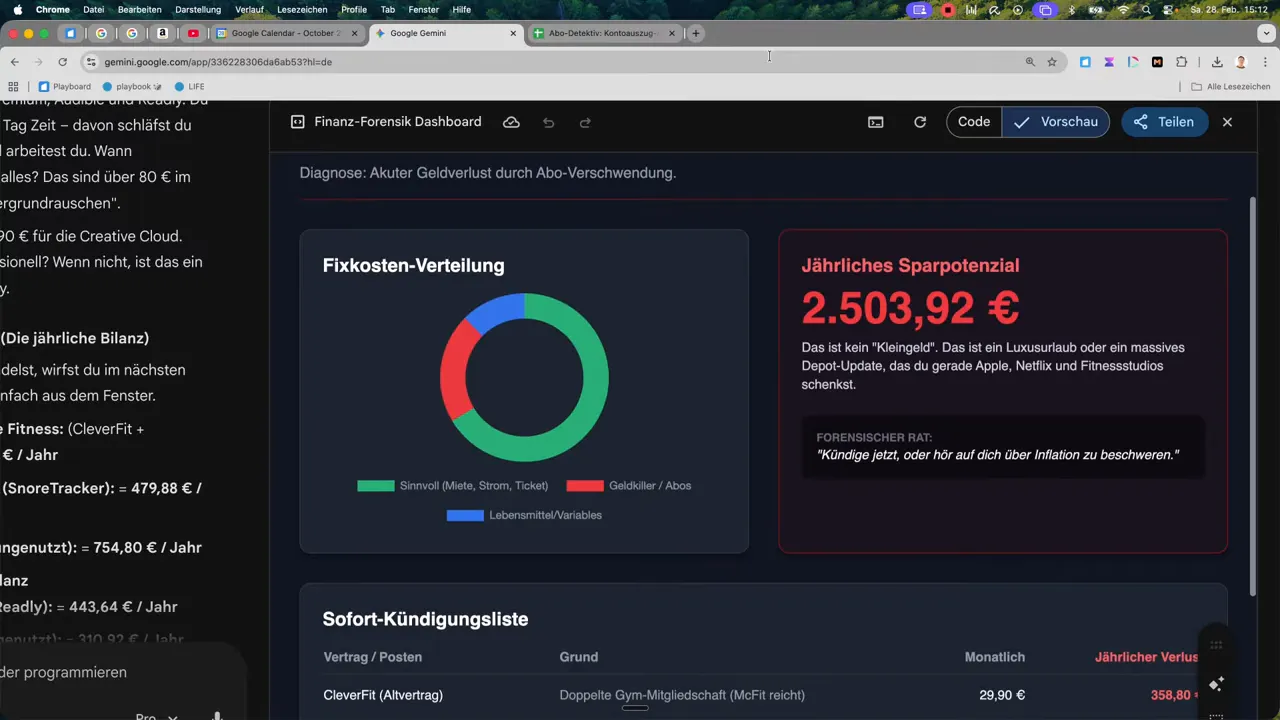Detail-Screenshot des Finanz-Forensik Reports mit Donut-Chart und der Anzeige 'J&auml;hrliches Sparpotenzial 2.503,92 &euro;'.