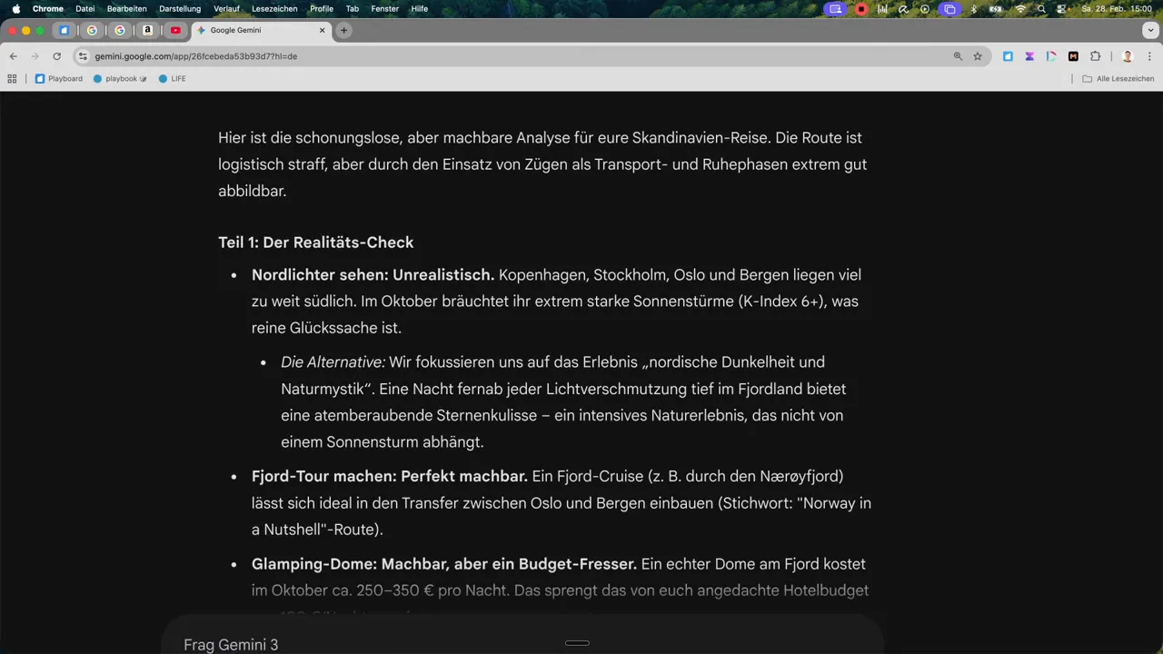 Gemini Screenshot mit 'Teil 1: Der Realit&auml;ts-Check' f&uuml;r eine Skandinavien-Reise