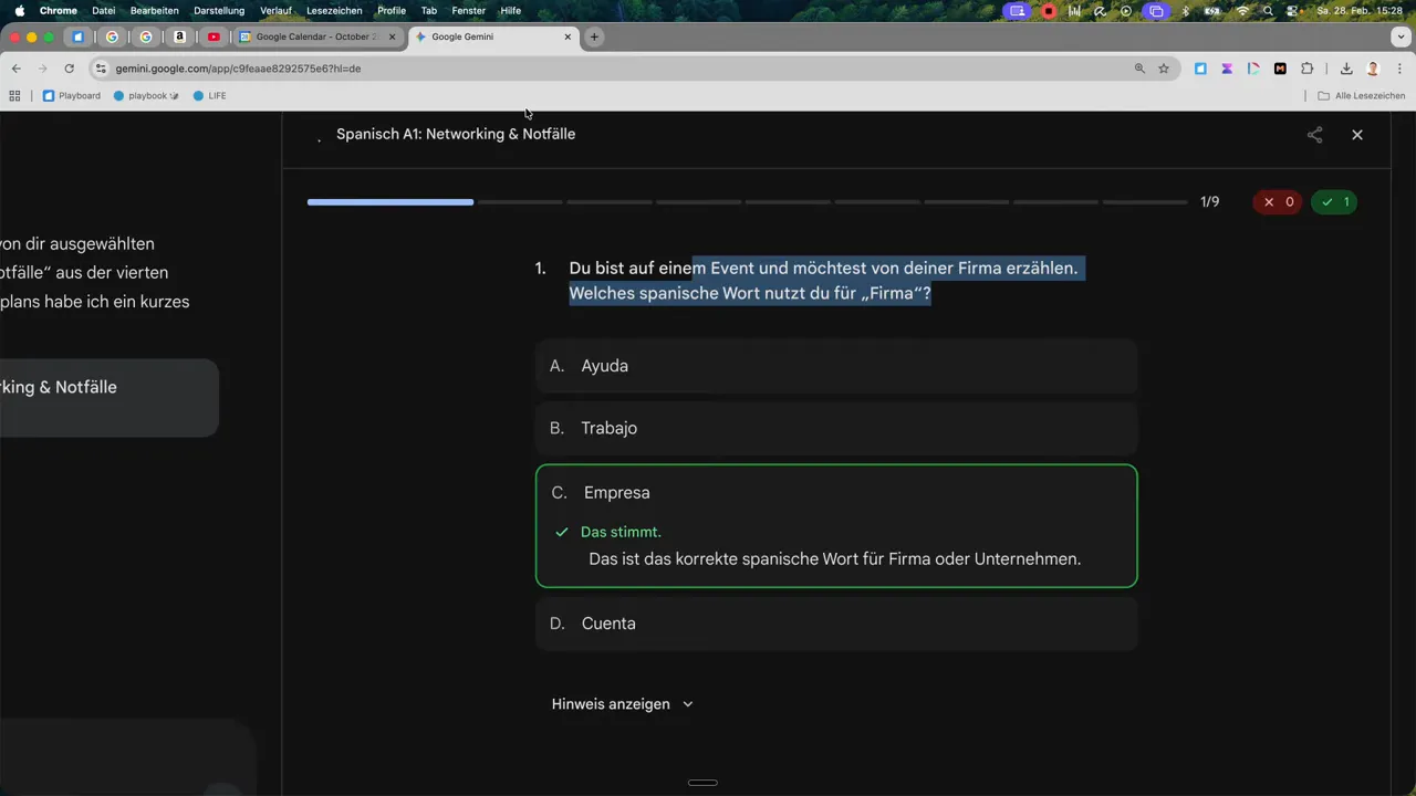 Google Gemini Spanisch A1 Quiz &mdash; richtige Antwort 'Empresa' best&auml;tigt mit gr&uuml;nem Feedback und Erkl&auml;rung