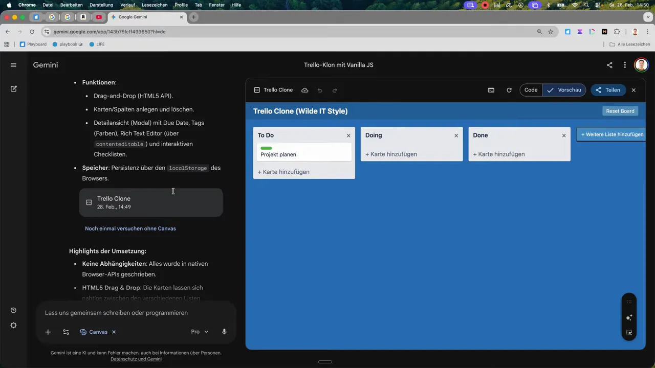 Gemini: Funktionsliste (Drag & Drop, Speicher &uuml;ber localStorage) links und Trello‑Klon Board rechts