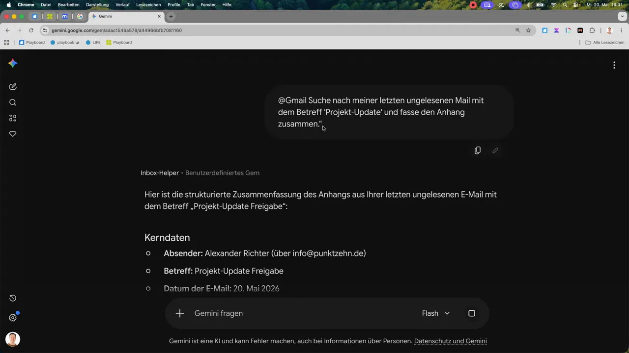 Strukturierte Zusammenfassung im Gemini Gem „Inbox-Helper“ nach Gmail-Abfrage