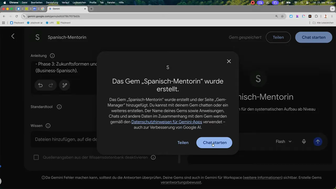 Hinweisfenster in Google Gemini: Gemini Gem „Spanisch-Mentorin“ wurde erstellt und kann geteilt oder gestartet werden