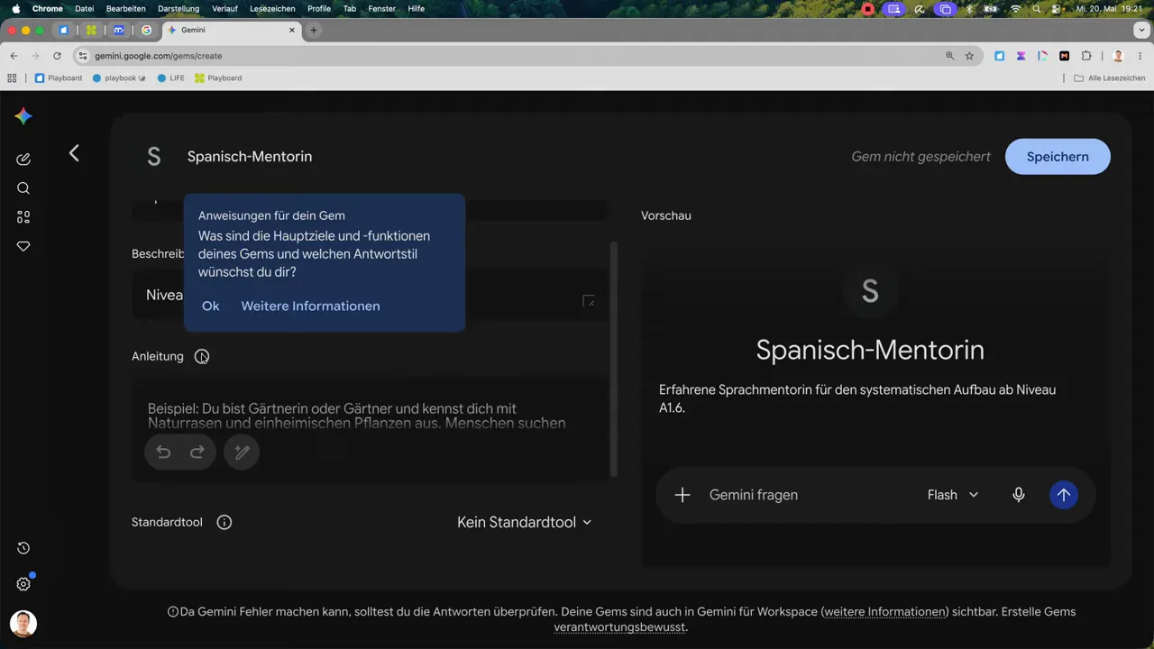Screenshot: Eingabefenster „Anweisungen für den Gem“ in Gemini Gems für „Spanisch-Mentorin“
