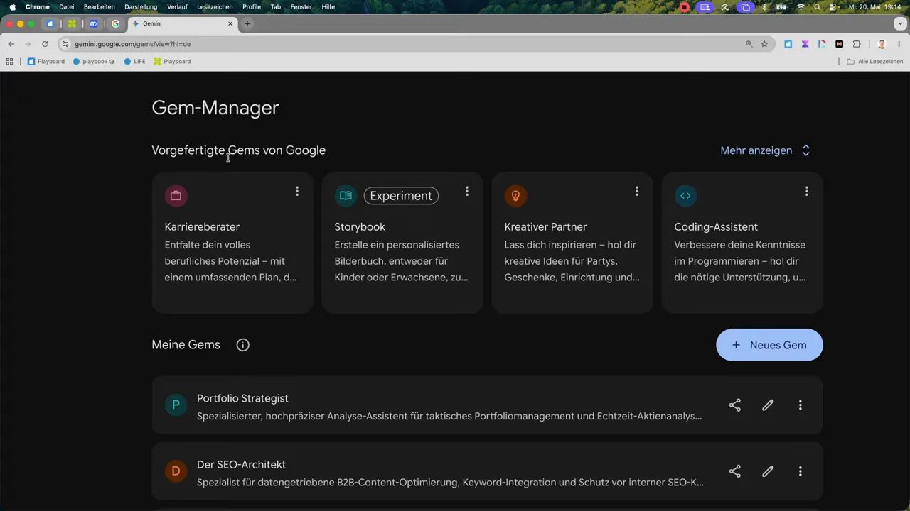 Gem-Manager in Google Gemini mit Kachelansicht vorgefertigter Gems