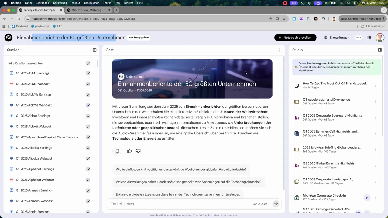 NotebookLM Hauptansicht: linke Quellenliste, mittige Chat‑Übersicht 'Einnahmenberichte der 50 größten Unternehmen' und rechte Studio‑Leiste; keine störenden Highlights.