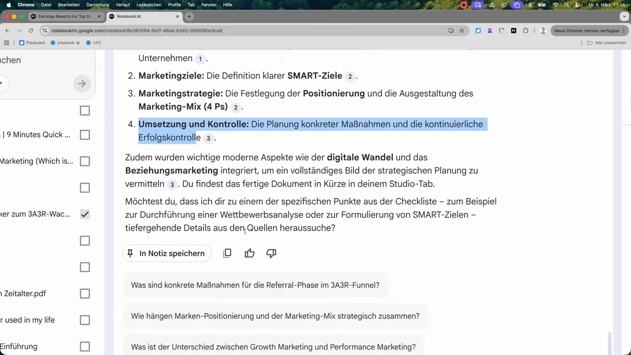 NotebookLM Notiz mit blau markiertem Abschnitt (Umsetzung und Kontrolle) und Frage-Karten darunter