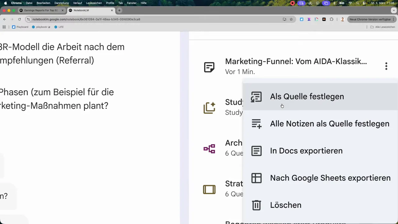 NotebookLM Kontextmenü mit Option 'Als Quelle festlegen' zum Markieren einer Notiz als Quelle