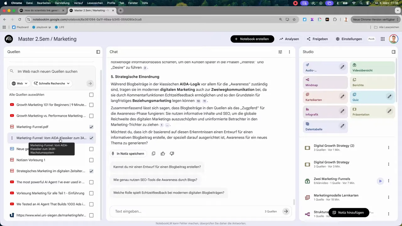 NotebookLM Gesamtansicht mit Quellenliste, Chatfenster und aufgeräumtem Studio-Panel