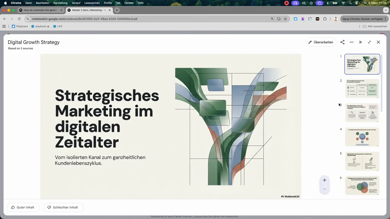 NotebookLM Präsentationsansicht mit großer Titel‑Folie und Folienminiaturen rechts, mit Schaltfläche 'Überarbeiten'.