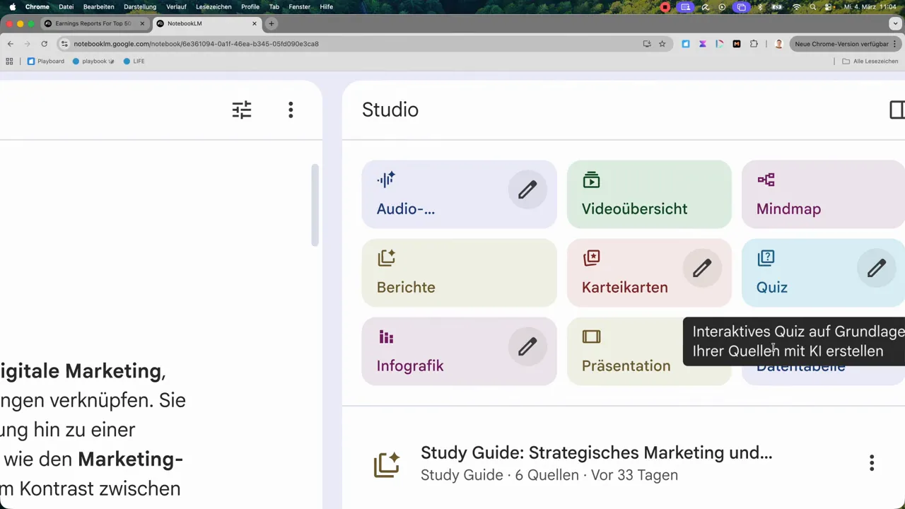 NotebookLM Studio Menü mit hervorgehobener 'Videoübersicht' Kachel und weiteren Export-Tools wie Infografik, Karteikarten und Präsentation