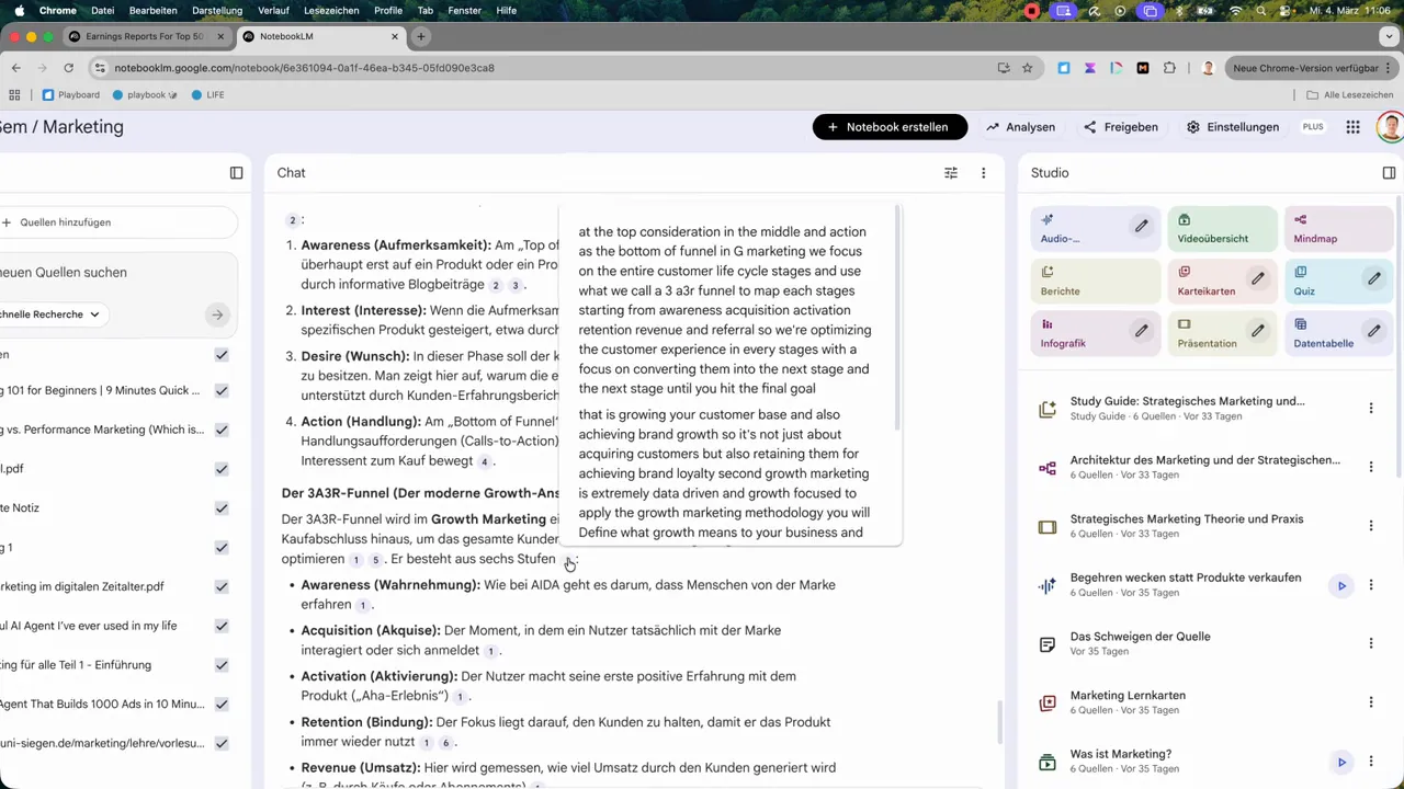 Notiz‑Popup in NotebookLM zeigt eine ausgewählte Antwort über dem Chat, Studio‑Tools rechts
