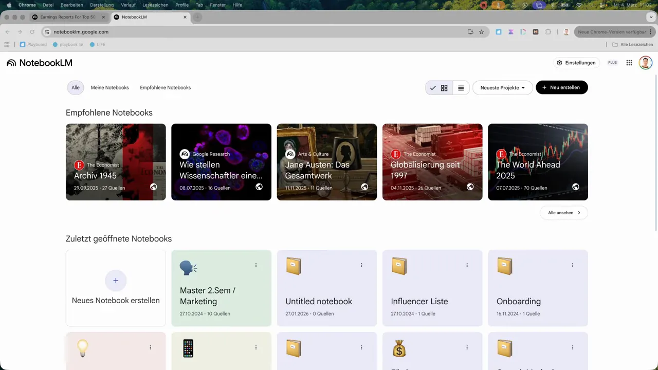 NotebookLM Startseite mit empfohlenen Notebooks und Kacheln für zuletzt geöffnete Notebooks