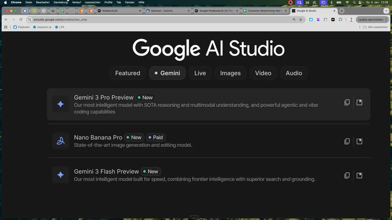 Google AI Studio Startseite mit Modell&uuml;bersicht: Gemini, Nano Banana Pro und Gemini 3 Flash