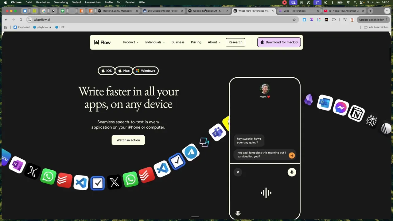 WhisperFlow Webseite mit Phone‑Mockup, sichtbarer Chatkonversation und Mikrofon‑Button zur Spracherfassung