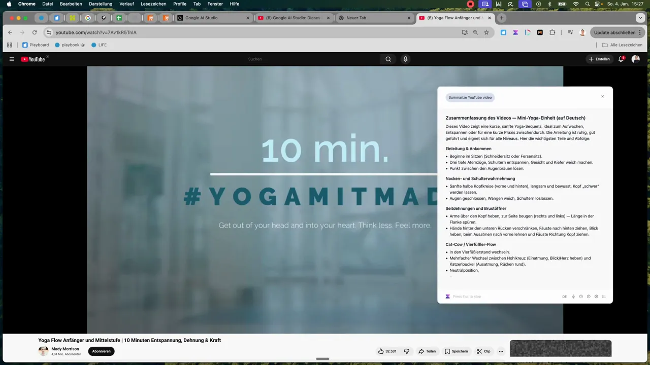 YouTube‑Video mit gro&szlig;em Voila‑Zusammenfassungsfenster rechts, das strukturierte Bullet‑Punkte zeigt