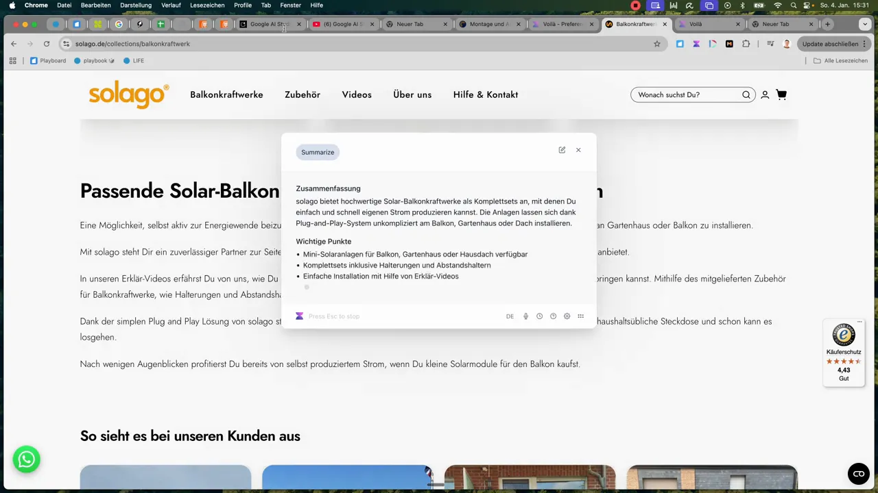 Zusammenfassungs‑Popup von Voila auf einer Webseite: deutscher Text mit wichtigen Punkten als Bullet‑Liste