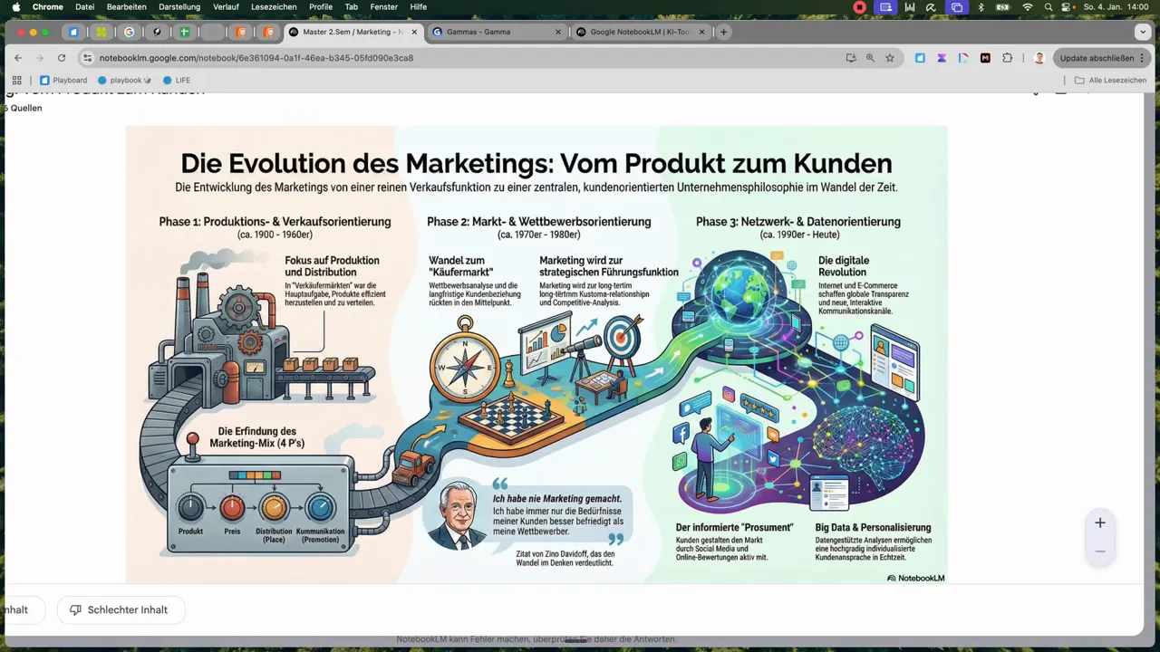 Screenshot von NotebookLM mit vollst&auml;ndiger Infografik 'Die Evolution des Marketings' gut lesbar und zentriert
