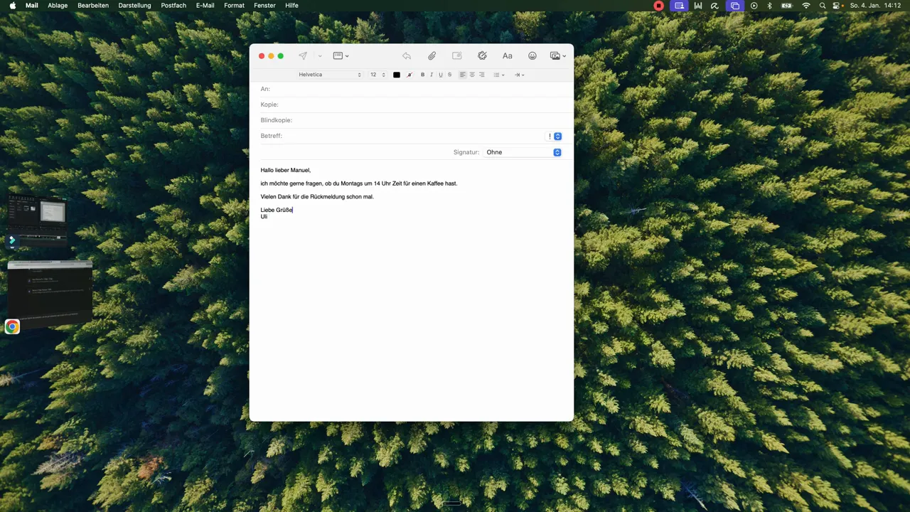 Mail‑Composer auf Mac mit fertig diktiertem Text in deutscher Sprache ('Hallo lieber Manuel...')