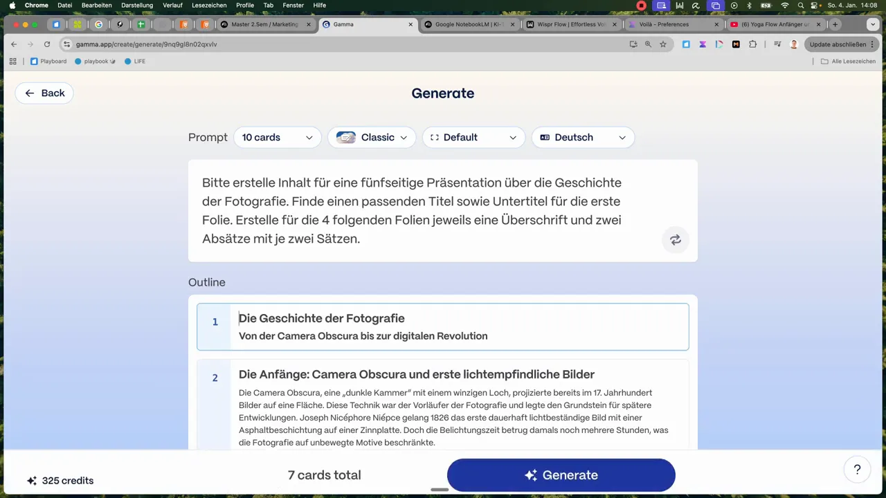 Gamma Interface mit Promptfeld oben und darunter dem generierten Outline 'Die Geschichte der Fotografie' sowie Eintr&auml;gen wie 'Die Anf&auml;nge' als erste Karten.
