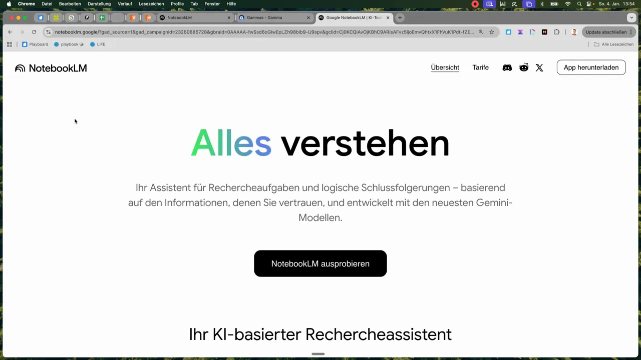 Screenshot der NotebookLM-Website mit der gro&szlig;en &Uuml;berschrift 'Alles verstehen' und einem Call-to-Action-Button.