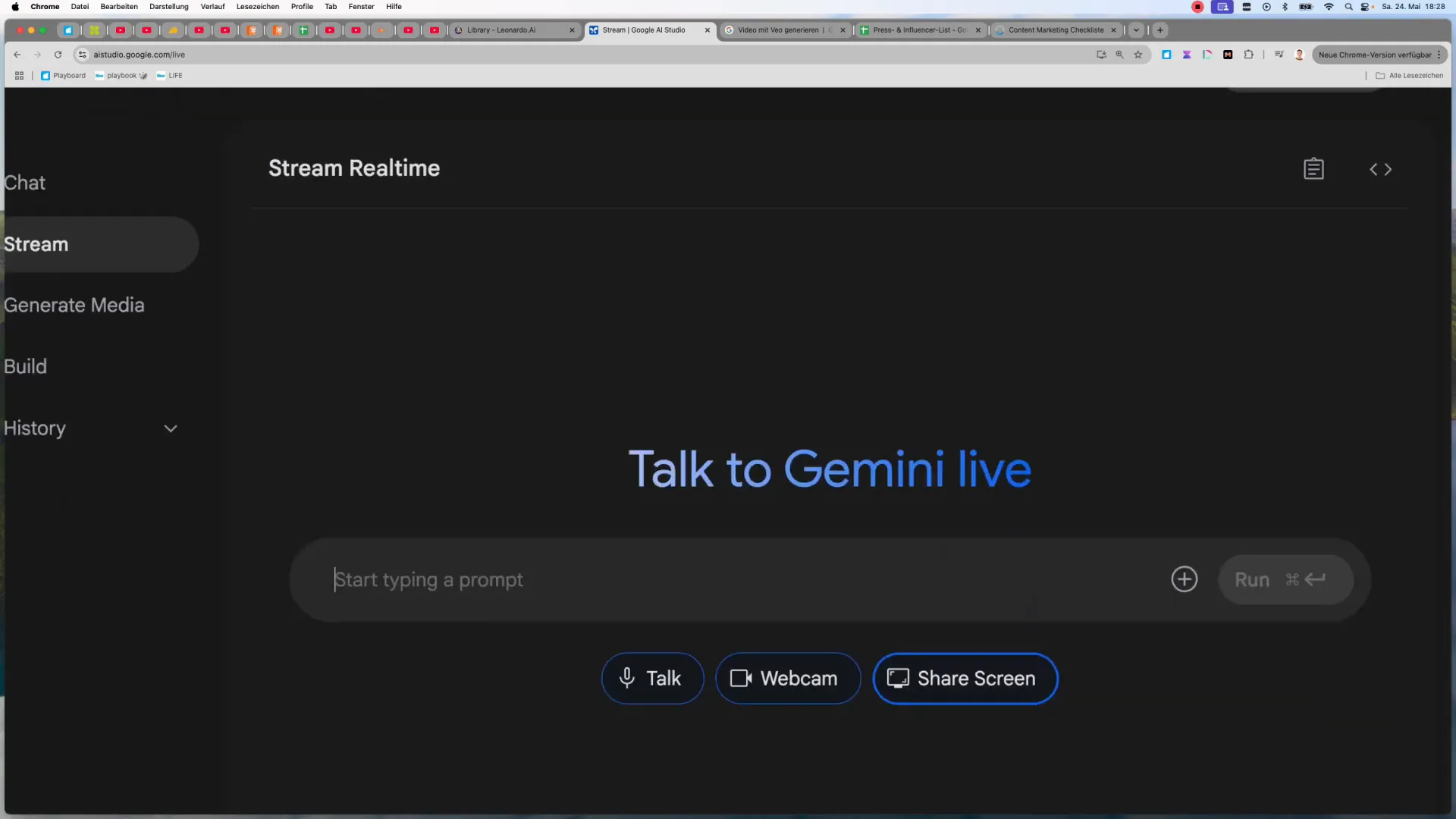 Stream Menü und Share Screen Funktion im Google AI Studio