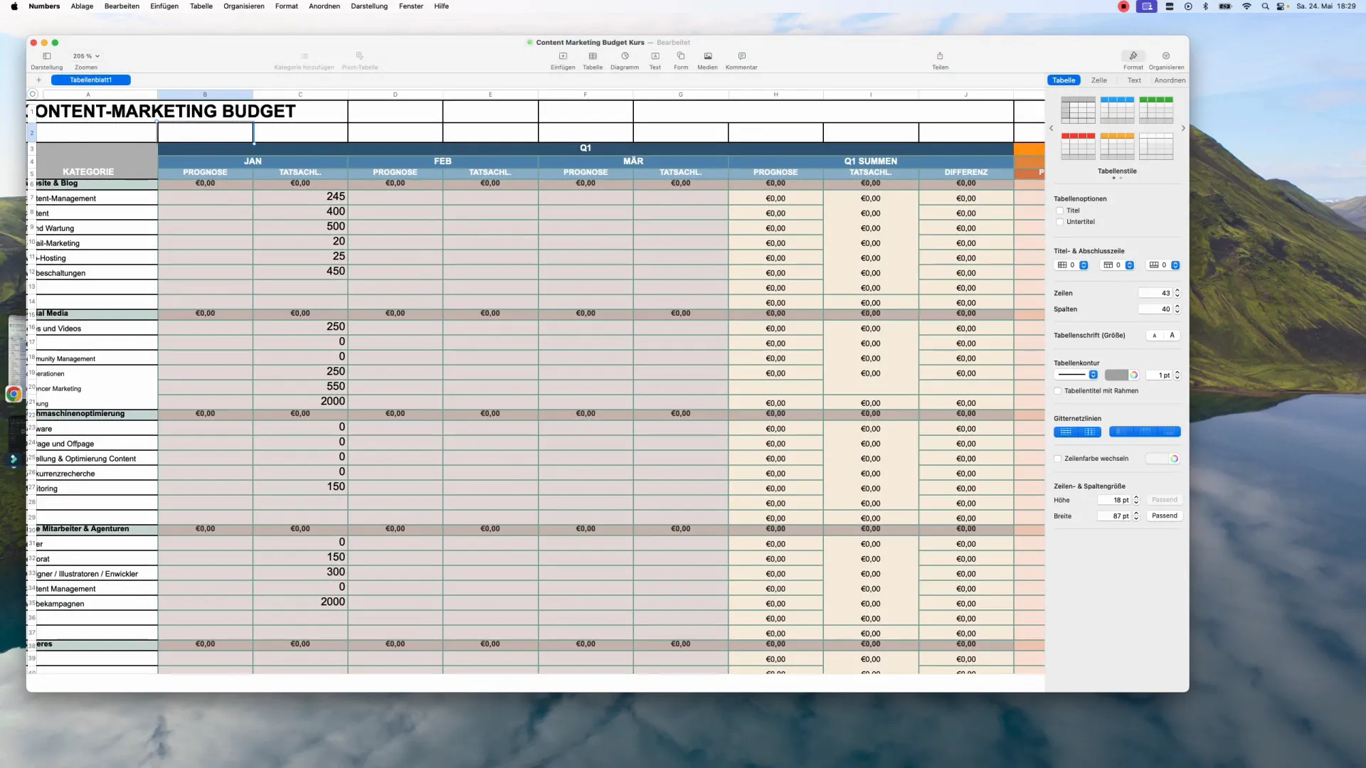 Excel-Tabelle mit Summenfunktion und Assistenten-Hilfe