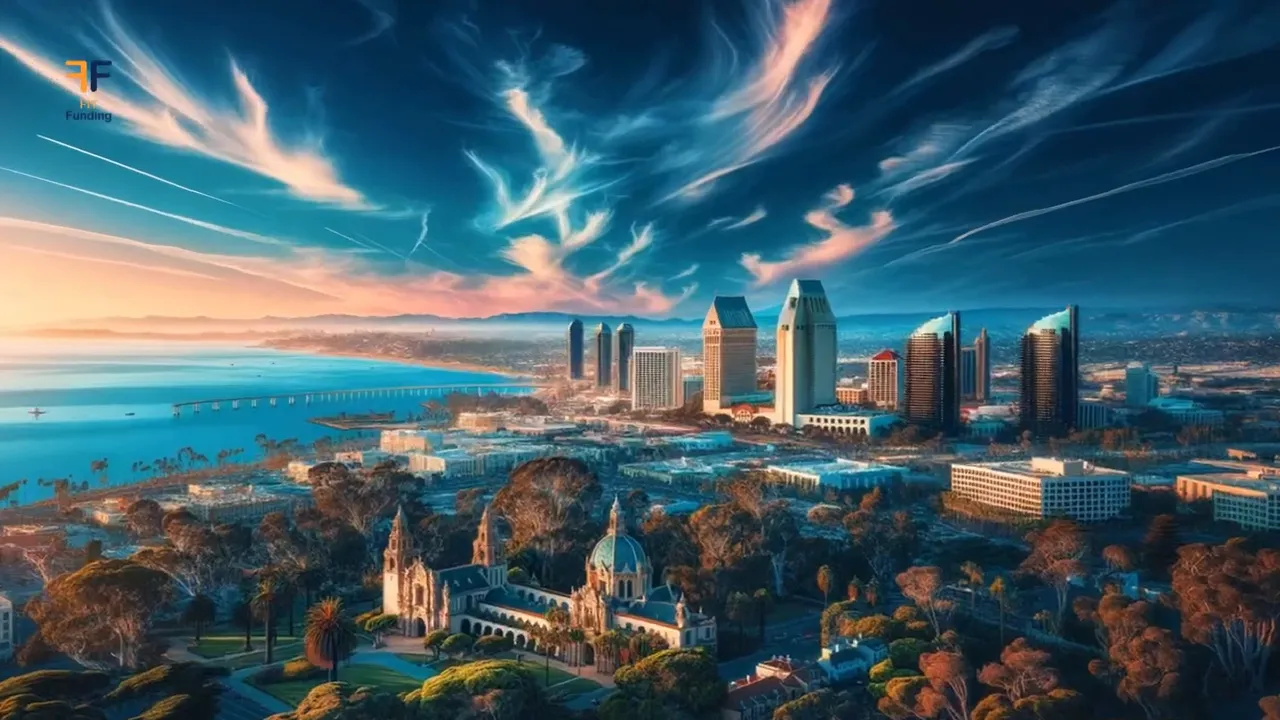 Aerial view of San Diego coastline and downtown skyline with Balboa Park in foreground