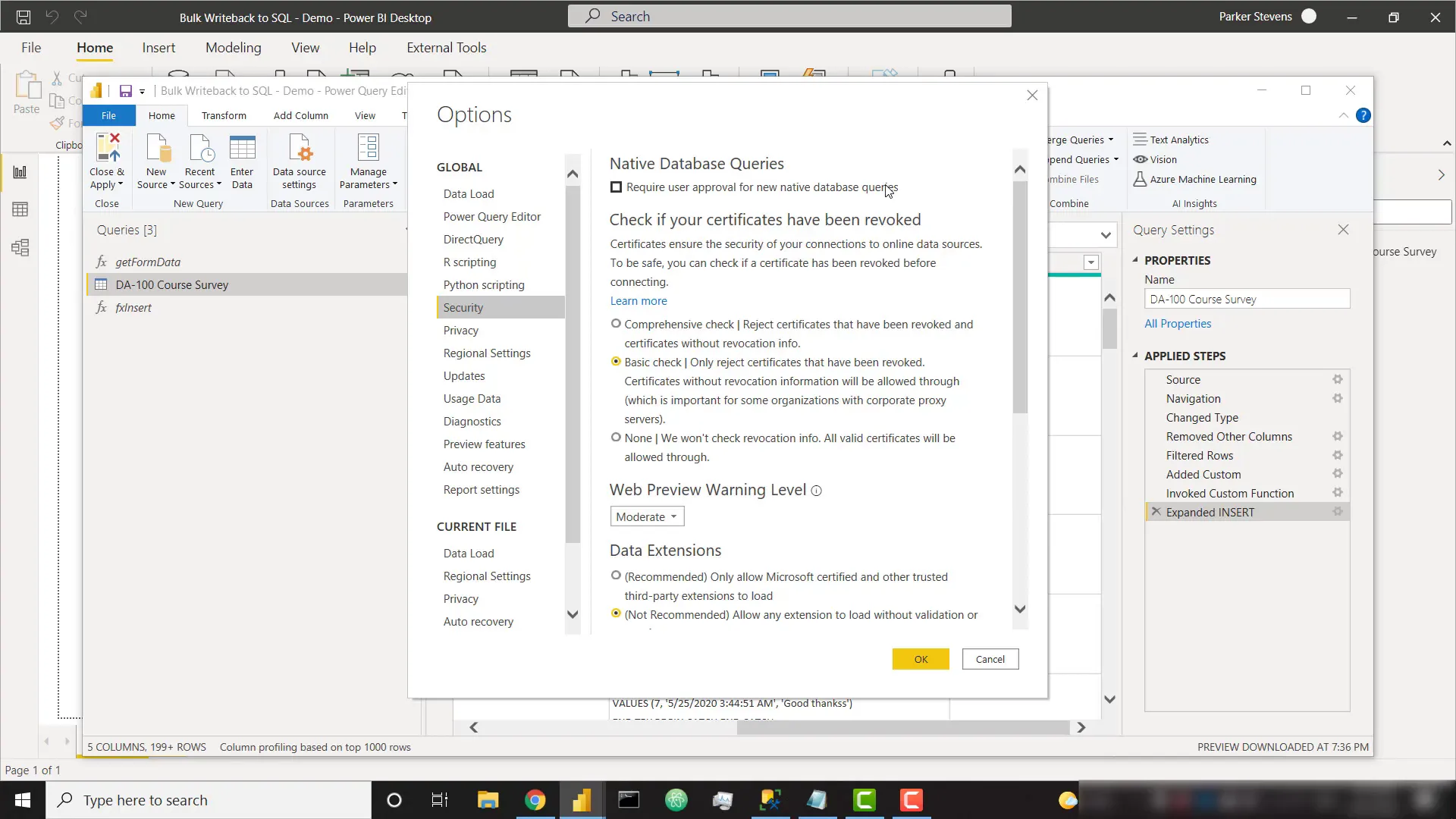 Adjusting settings for native queries