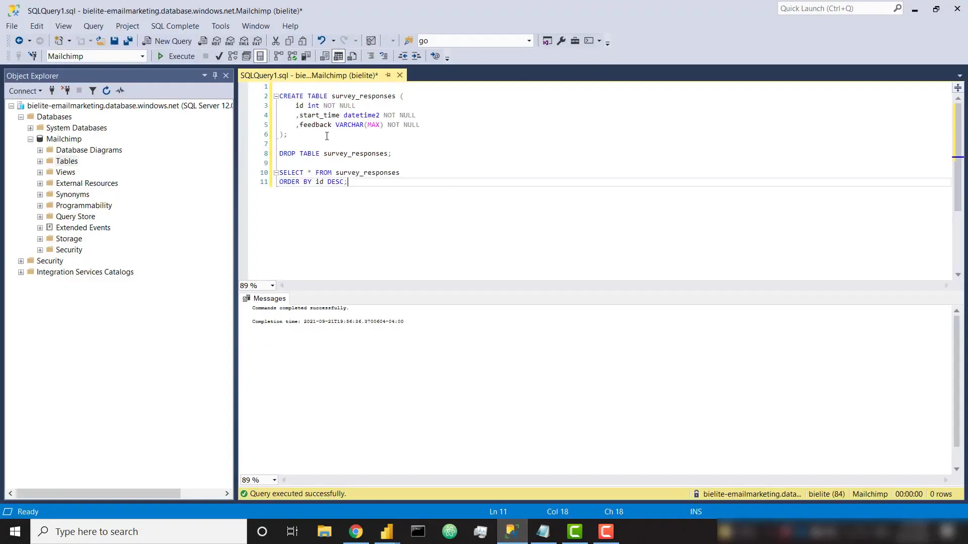 Creating the SQL table for survey responses