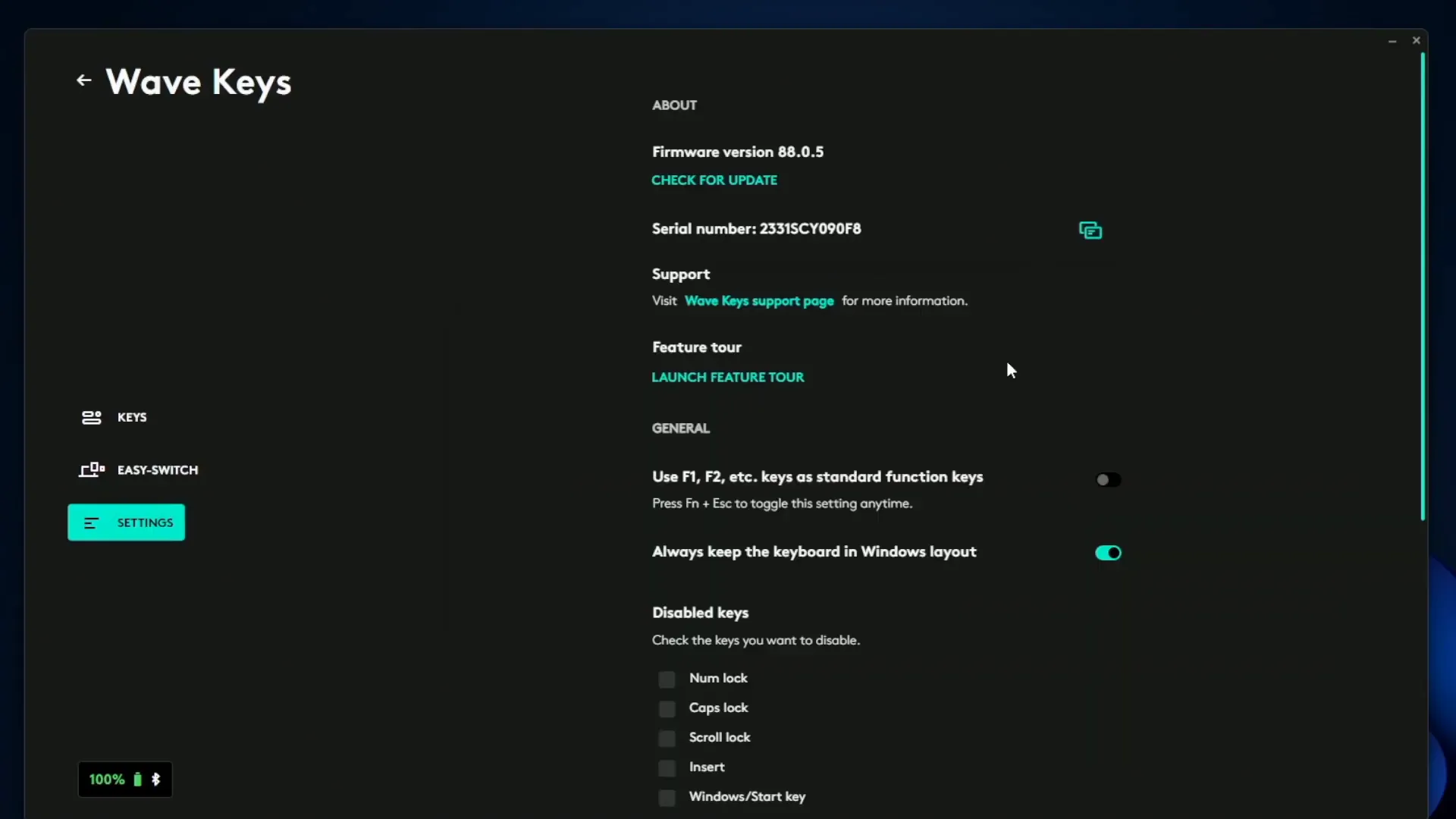 Keys tab in Logi Options+