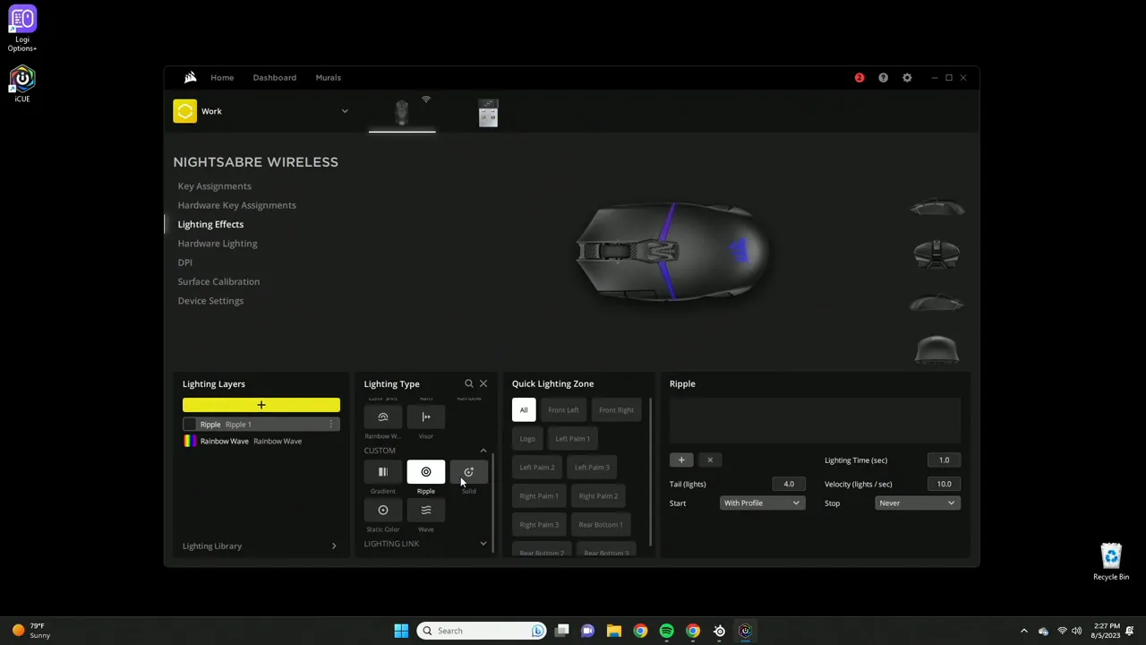 iCUE software interface showing lighting presets and zone customization