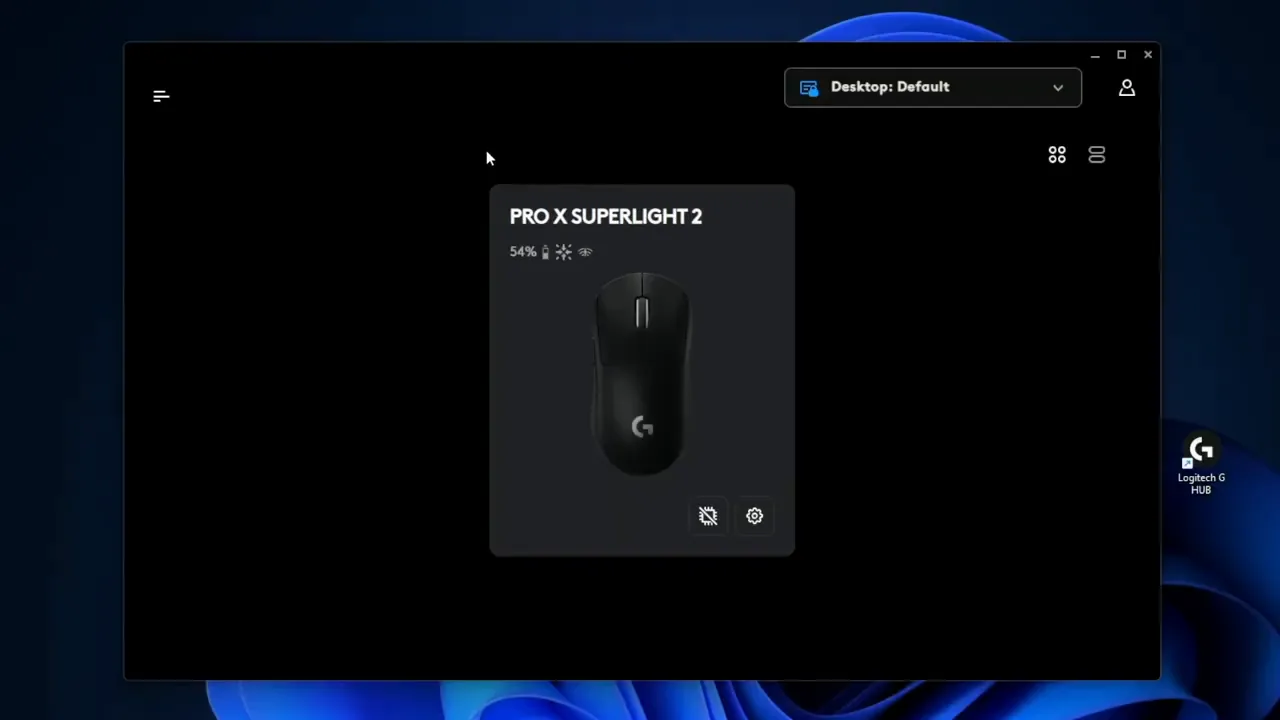 G Hub main screen showing mouse specs and battery