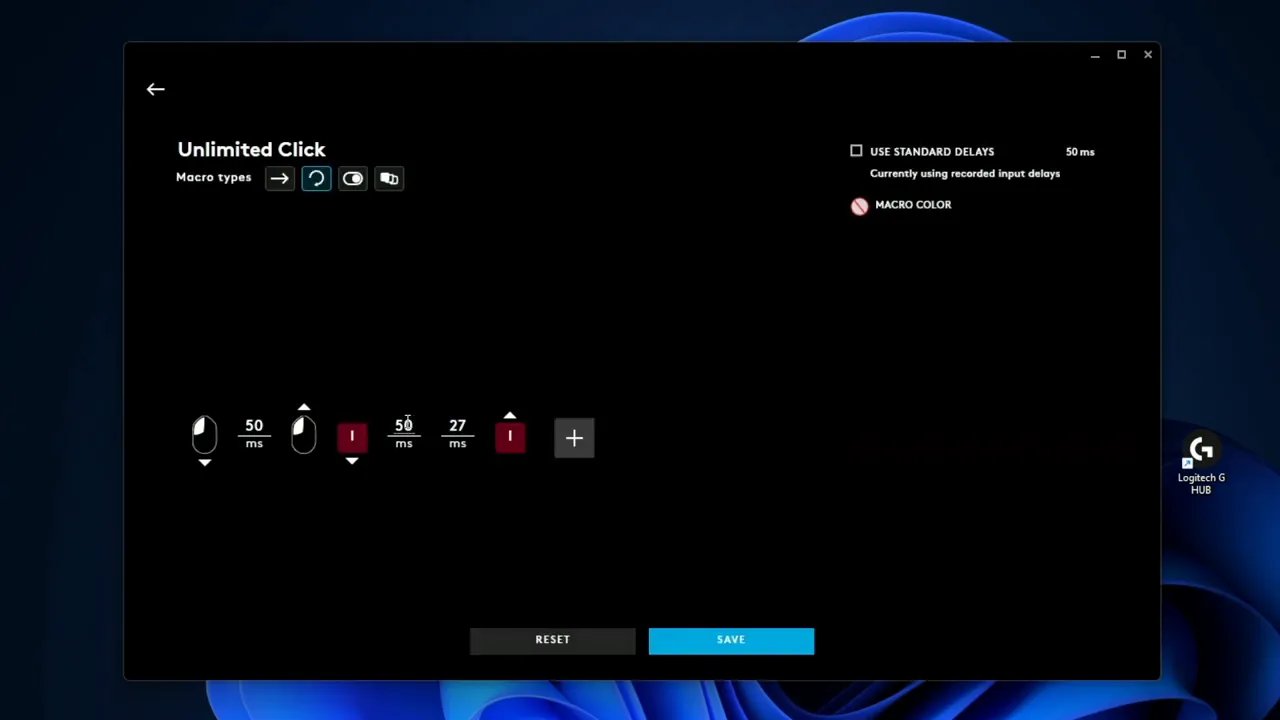 Recording keyboard keystroke and adjusting delay in macro editor