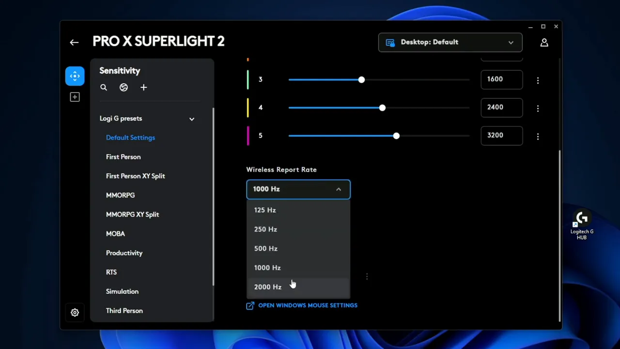 Polling rate and HERO sensor calibration settings in G Hub