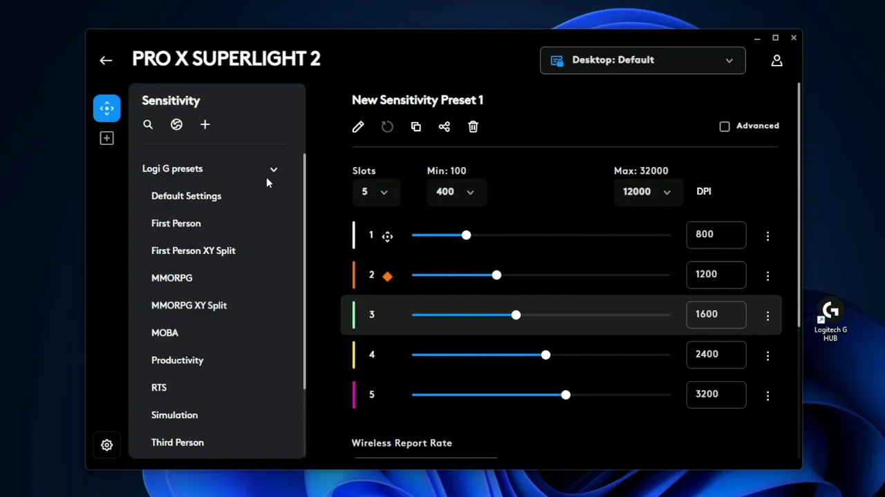 Sensitivity tab with DPI presets available