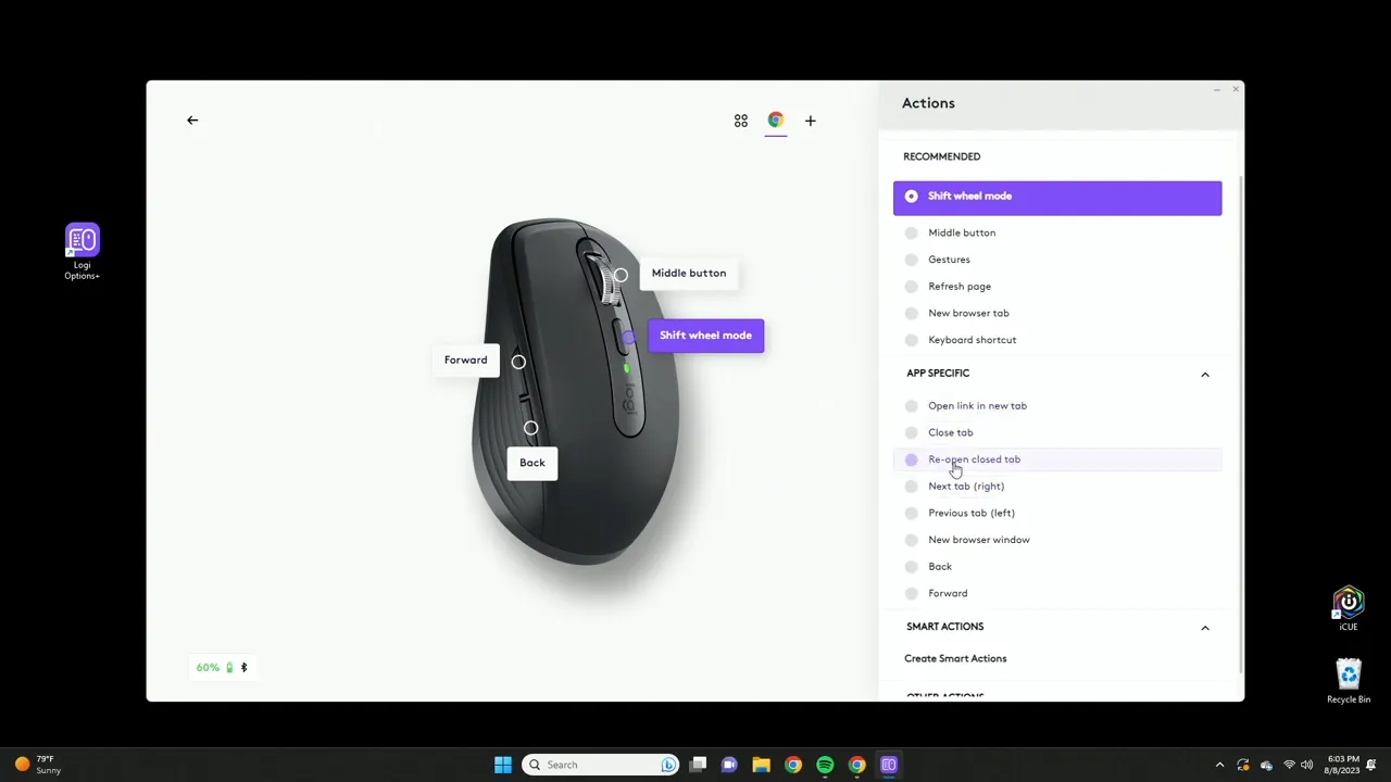 Assigning app-specific shortcut 'Reopen closed tab' for Chrome