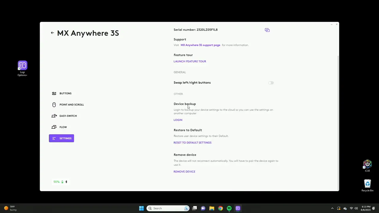 General settings: swap buttons, device backup, reset and remove device