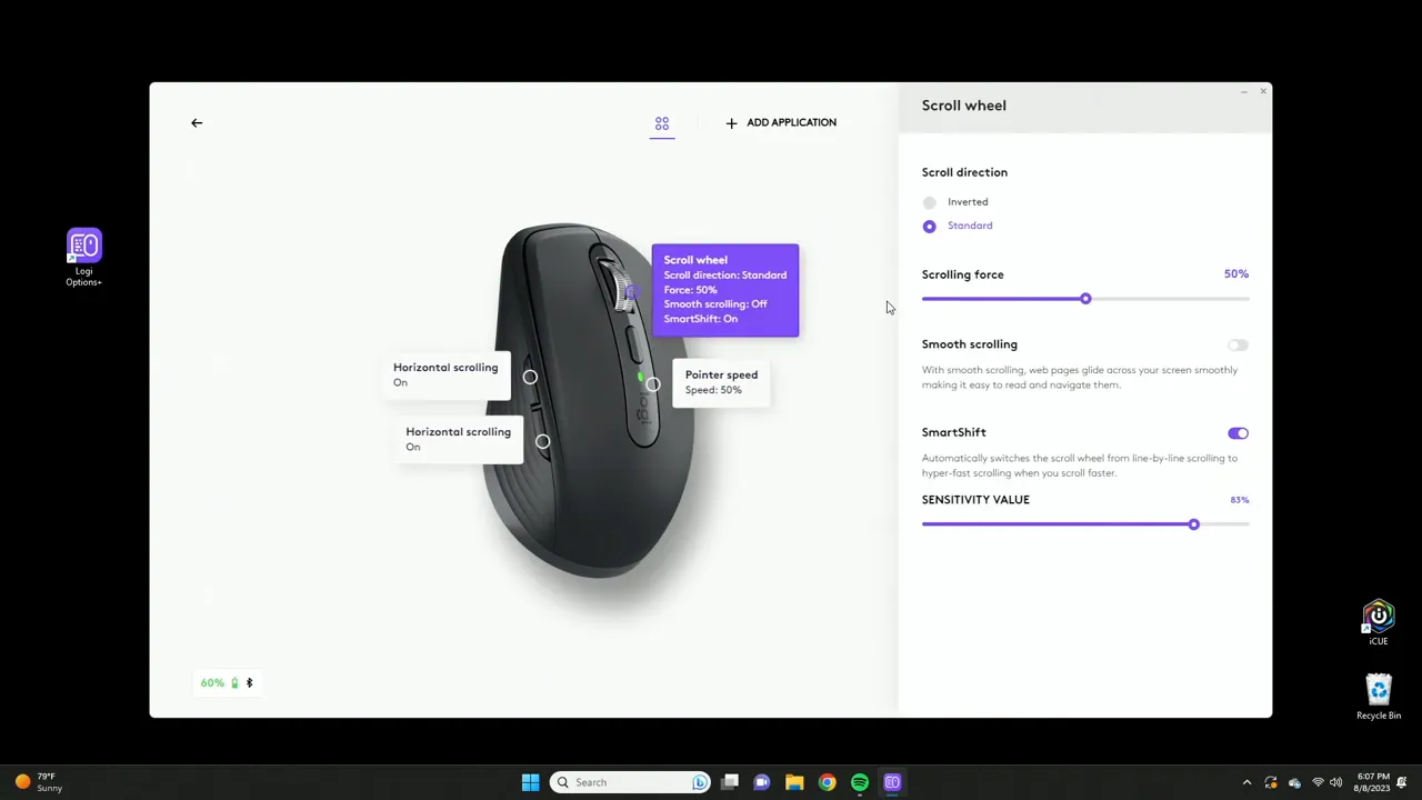 Point & Scroll settings: scrolling force, smooth scrolling, smart shift