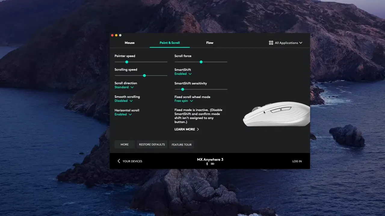 Logitech Options software window showing mouse settings and scroll wheel options