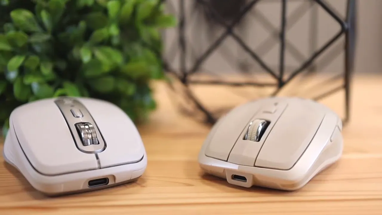 Front angle of both mice showing charging ports, with USB-C on the left mouse and micro-USB on the right mouse