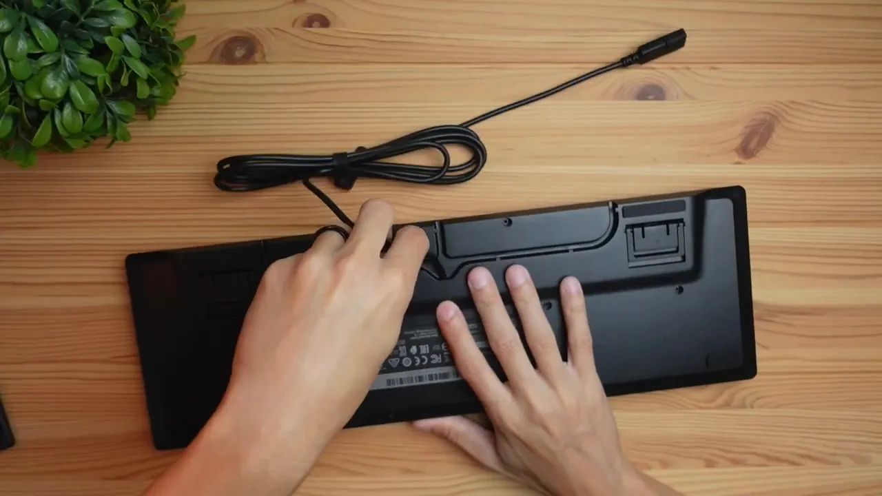 Rear view of the Ornata V3 X keyboard with cable routed through the channel and hands adjusting position