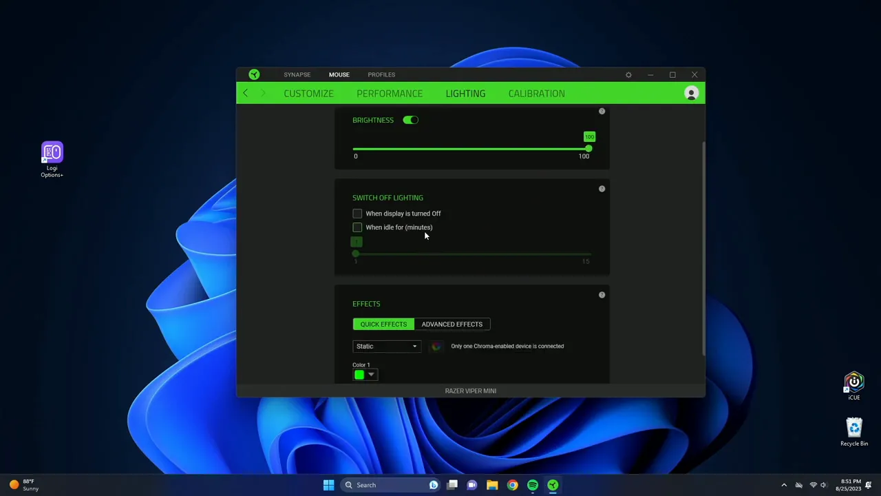 Lighting tab showing static and breathing effects on the mouse