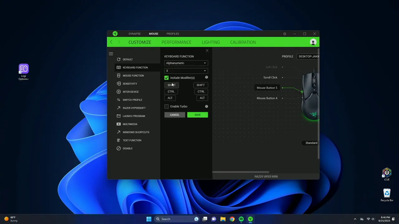 Assigning a keyboard number to a mouse button with modifier options