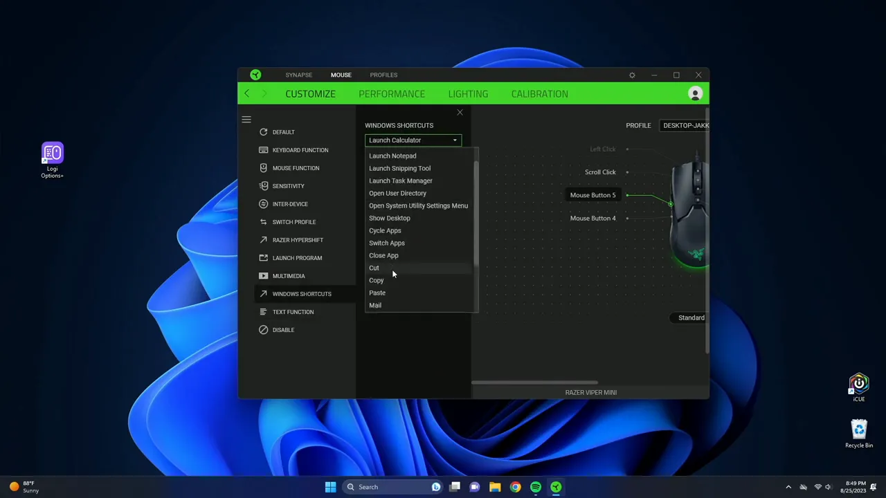 Assigning multimedia and Windows shortcuts to mouse buttons