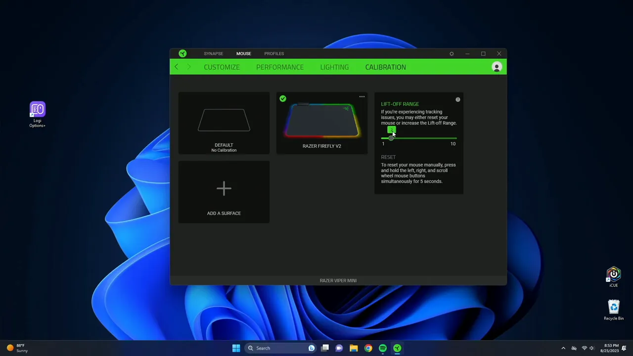 Calibration screen to tune liftoff distance for specific Razer mouse pads