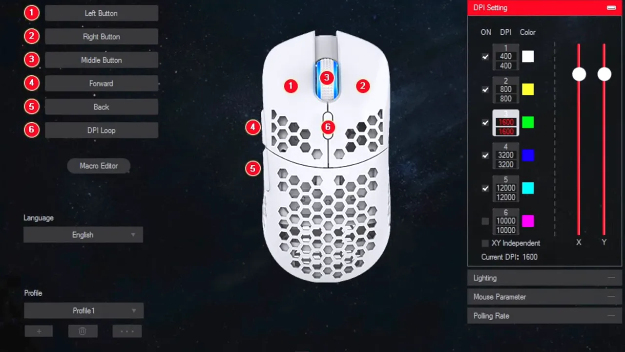 HK Gaming mouse software showing a white honeycomb mouse diagram with button mapping and RGB controls